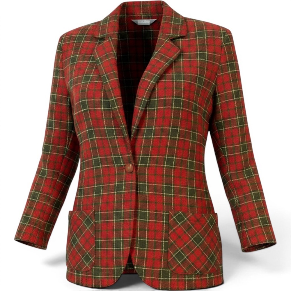 Blair Vintage Womens 18W Red Green Plaid Wool Blend Blazer Jacket Vintage Preppy